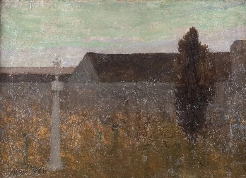 Paesaggio simbolista con croce e cipresso